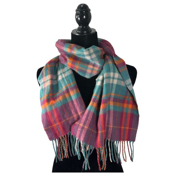 Scotland Scottish 100% Cashmere Hand Tailored Scarf Pink Blue Orange Plaid - Picture 1 of 3